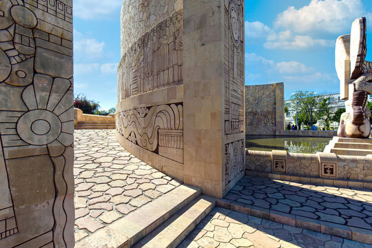 Merida, Mexico - 11 February, 2020: Merida, an iconic Homeland Monument (Monumento a la Patria) sculptured by Romulo Rozo, located at the runabout of Paseo de Montejo