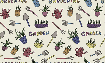 Seamless pattern with houseplants in pots and garden tools. Vector doodle illustration. Home gardening concept