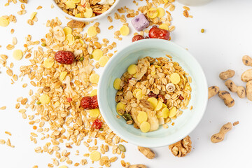 A simple nutritious breakfast on a solid color background