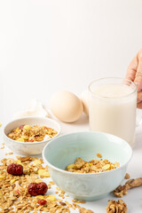 A simple nutritious breakfast on a solid color background