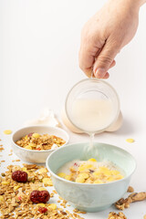 A simple nutritious breakfast on a solid color background