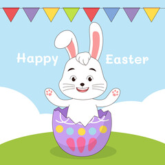 Bunny jumping out from egg. Cute easter bunny jumping out from broken egg.