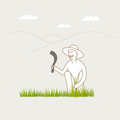 Man squat down to cut grass using sickle blade.