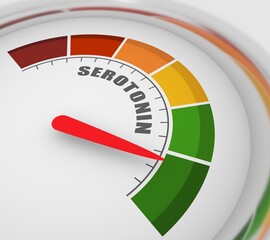 Gradient scale. Hormone serotonin level measuring device. Sign tachometer, speedometer, indicators. Infographic gauge element. 3D rendering.