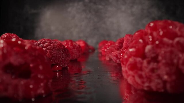 Frozen raspberries in close-up - food photography