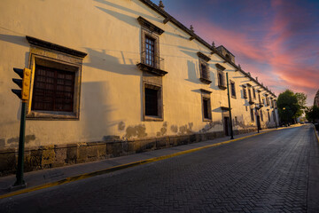 Colorful Guadalajara streets in historic city center near Central Cathedral and Centro Historico.