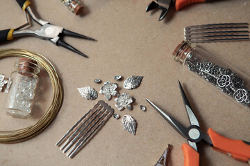 Tools for creating jewelry. Beads, crystals, glass bottles with cork lids, hair combs. Wire, cutters, pliers. - 417991083