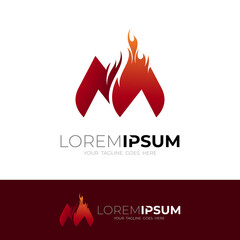 Letter M logo with fire design illustration, Red logo and flame icons