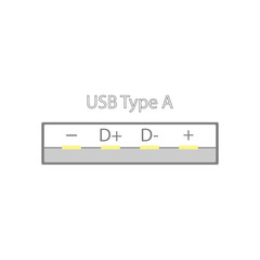 USB connector with signed power and digital signal pins in a simple design with gold pins. View in the section of the plane. Flat vector illustration