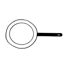 frying pan icon, sticker. sketch hand drawn doodle style. vector, minimalism, monochrome. dishes, cooking, food, fry.