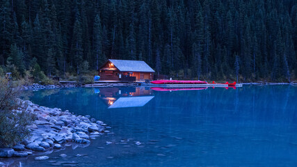 Fototapeta na wymiar Lake Louis boat house in Banff national park shot during blue hour.