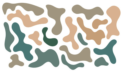 Irregular blob, set of abstract organic shapes. Abstract irregular random blobs, pastel green and brown. Simple liquid amorphous splodge. Trendy minimal designs for presentations, banners, flyers.