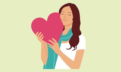Cute girl hold heart sign, flat design vector illustration