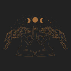 Sacred Witch or magic woman and mystical Symbols. Flat vector illustration. Ornament two beautiful girls in a yoga pose. Lotus meditation. International yoga day card. Vector illustration.