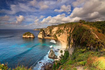 Diamond Beach in Nusa Penida Island, Bali, Indonesia the view from the top with crystal clear water and blue sky