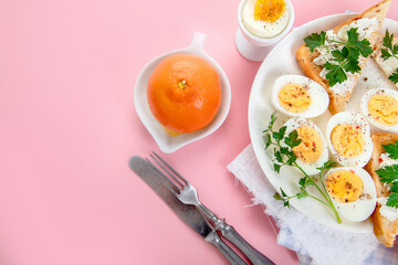 Breakfast with eggs and sandwiches. Ingredients for cooking. Healthy eating concept.