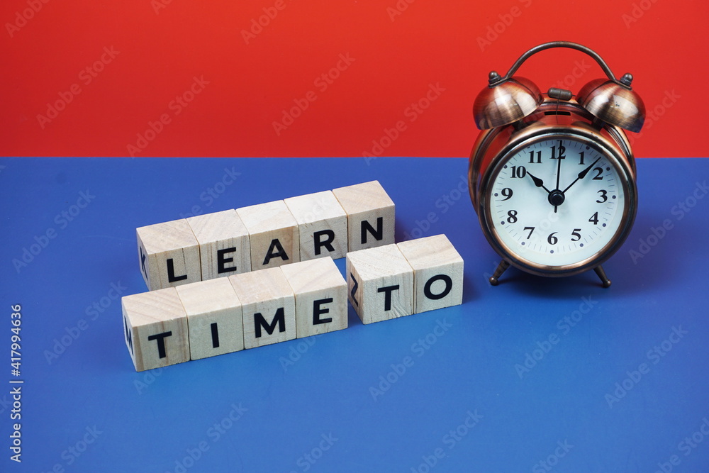 Poster time to learn alphabet letter with alarm clock on blue and red background