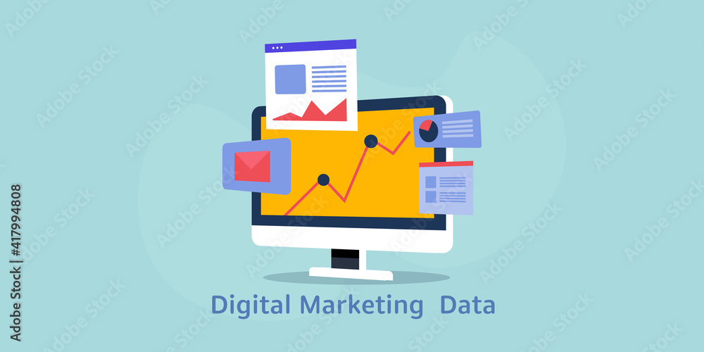 Poster digital marketing and big data technology for online business and finance. business data management,