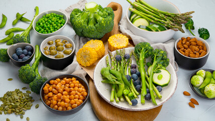 Healthy plant based food, best protein source on light grey background.