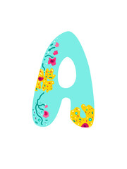 Bright spring Easter letter A. Vector illustration isolated, on a white background in gold color decorated with flowers and sweets. Use print on fabric in the design of printed products.