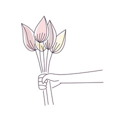 Nice bouquet as a gift, present for you. Simple art line vector illustration with tulip flowers in hand. Can use for card, banner, web in woman is day