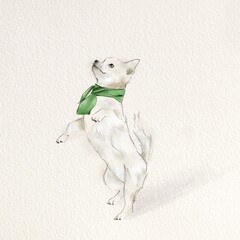Cute white chihuahua in a green scarf. Background with paper texture.