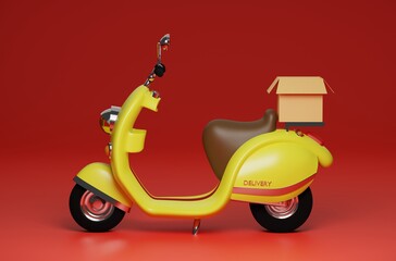 3D Rendering yellow motor scooter with the box in the red background for delivery order
