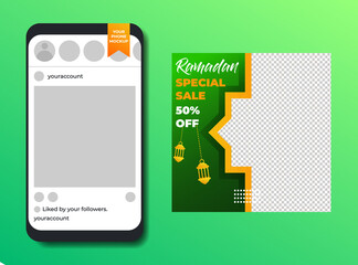 Luxury Green and Gold Ramadan Sale Or Discount Social Media Template with Phone Mock-Up for Banner, Ads, Advertising, Greeting Card, Poster, and Others Media Promotion. Editable Vector Illustration.