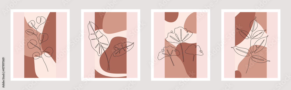 Aufkleber botanical wall art vector set. foliage continuous one line drawing with abstract shape. minimalist a