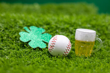 Baseball with beer and shamrock clover on St,. Patrick 's day