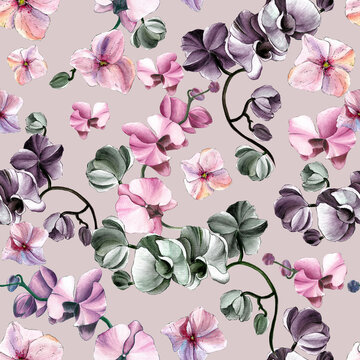 Seamless flower pattern with orchids and hydrangeas on a beige background.