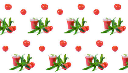 Tomato juice in glass, greens, two tomatoes isolated on white background. Seamless pattern