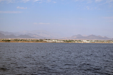 Resorts and hotels at coast of Sharm El Sheikh from yacht , Egypt 