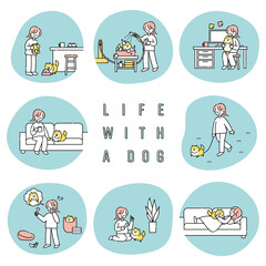 犬と一緒に生活する女性のイラストセット