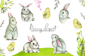 Spring Bunny Happy Easter clipart Farm animals collection watercolor illustration