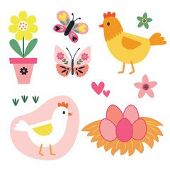 Sets of cute chicken and flowers on white background