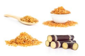 Set of sugarcane and brown sugar isolated on white background