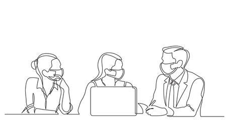 continuous line drawing of three employees talking about work wearing face masks