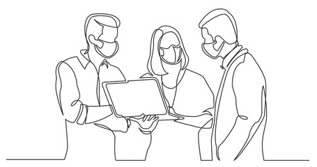 continuous line drawing of team discussing work watching laptop computer wearing face masks