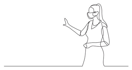 continuous line drawing of woman presenter wearing face mask