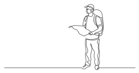 continuous line drawing of standing traveler with backpack holding map wearing face mask