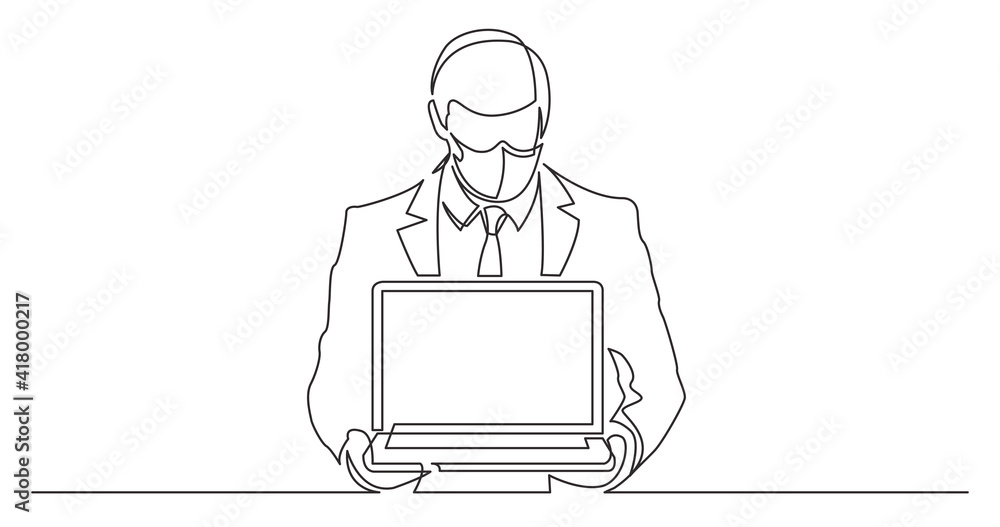 Poster continuous line drawing of standing man in suit showing-laptop computer wearing face mask