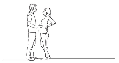 continuous line drawing of standing man and pregnant woman wearing face masks