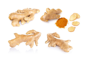 Set of Fresh ginger root with slice and power islolated on white background for herb and medical product concept