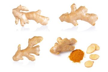 Set of Fresh ginger root with slice and power islolated on white background for herb and medical product concept