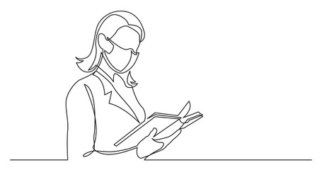 continuous line drawing of business woman reading book wearing face mask