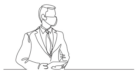 standing businessman with tablet wearing face mask - continuous line drawing