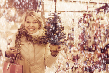 Fototapeta na wymiar Portrait of mature female in tinsel choosing Christmas tree at fair .