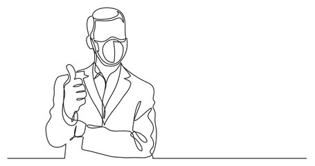 standing businessman showing thumb up gesture wearing face mask - continuous line drawing