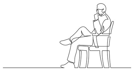 continuous line drawing of businessman sitting thinking wearing face mask